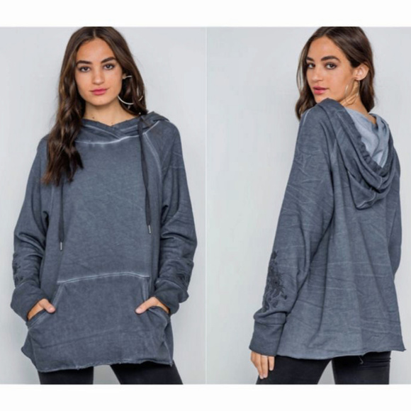 Tops - Washed Navy Embroidery Long Distressed Hoodie